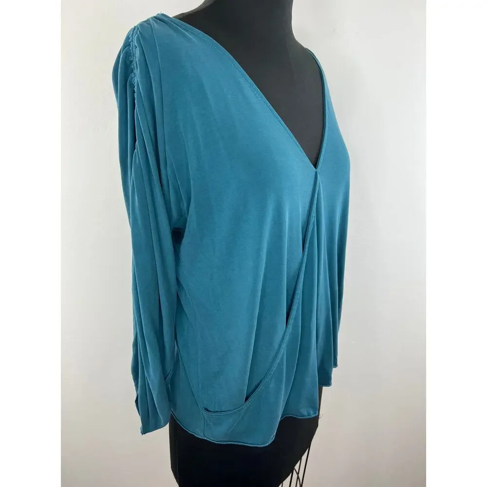 Free People Blue Faux Wrap Long Flowy Sleeve Pullover Women's Top Size S